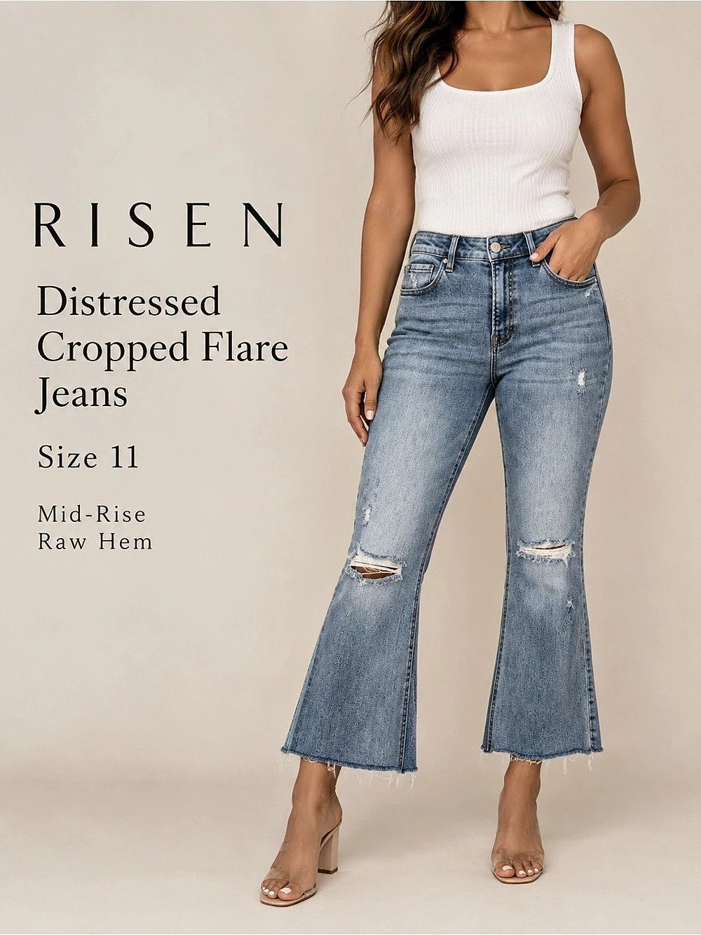 Risen Distressed Cropped Flare Jeans Raw Hem Medium Wash Size 11/30